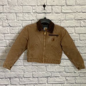 Boy's Vintage Carhartt Brown Canvas Zip Up Fleece Lined Jacket size Medium 8